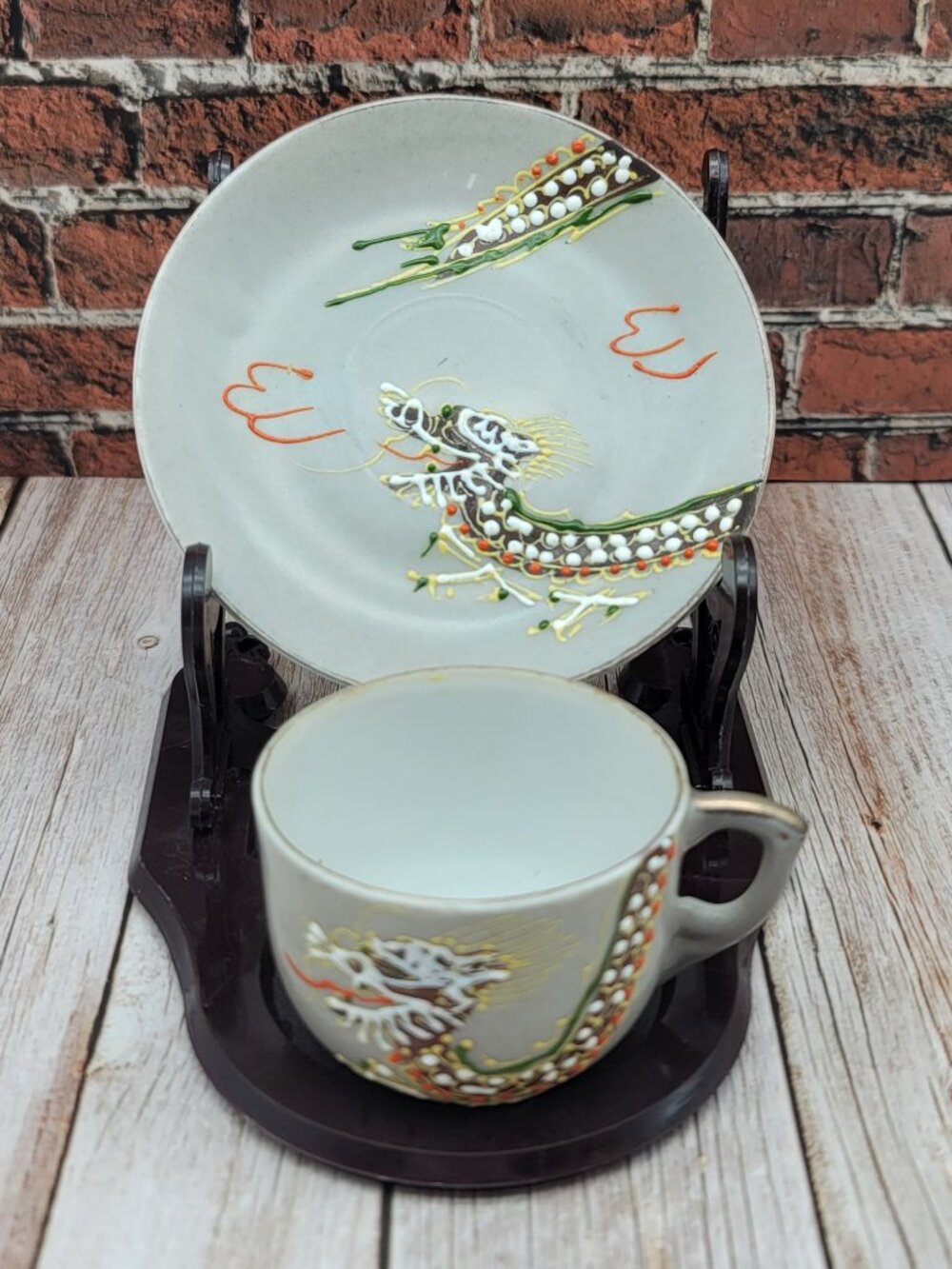 Occupied Japan Hand painted Gray Moriage Porcelain Dragonware Mini Cup & Saucer - Picture 4 of 12